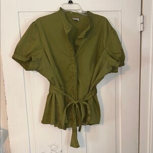 Worthington Women’s Green Button Down Shirt 3X Short Sleeve Ruffles Belt Office